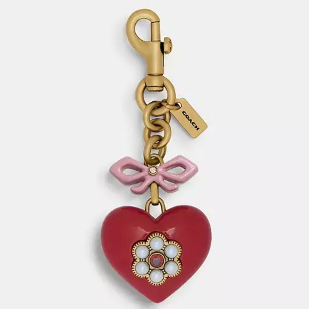 Coach Red Heart Charm Keychain with Pink Bow